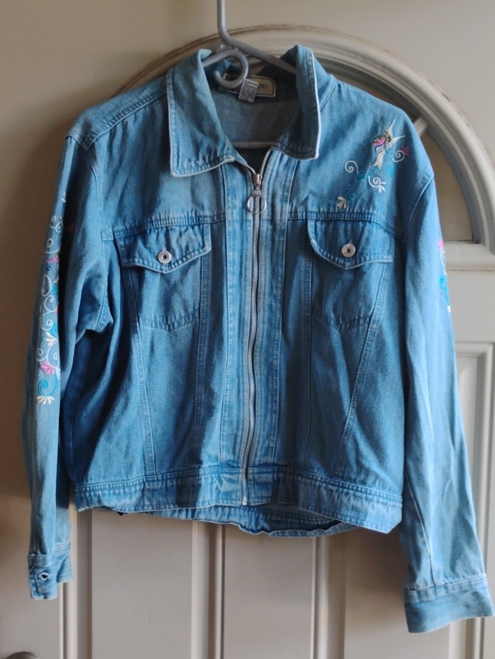 Passion Embroidered Blue Denim Jacket - Floral Scroll Detail
